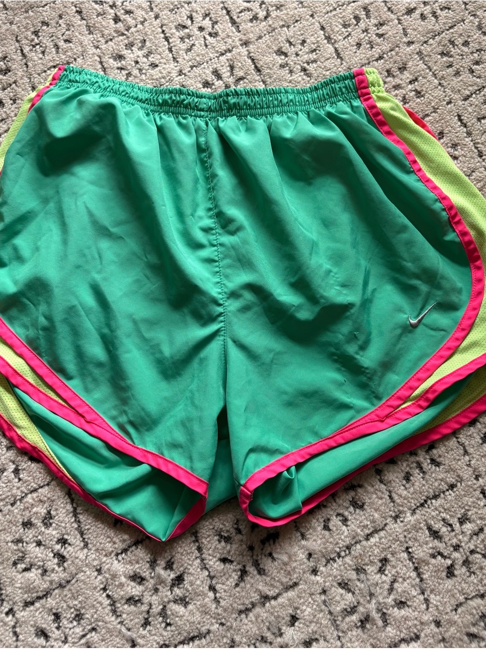 Nike Women's Green Athletic Shorts with Pink Trim